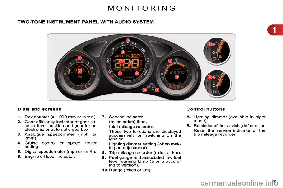 Citroen C4 RHD 2013.5 2.G Owners Manual 1
MONITORING
29 
   
 
 
 
 
 
 
 
 
 
 
 
TWO-TONE INSTRUMENT PANEL WITH AUDIO SYSTEM 
   
Dials and screens 
 
 
 
A. 
  Lighting dimmer (available in night 
mode). 
   
B. 
  Reminder of the servic