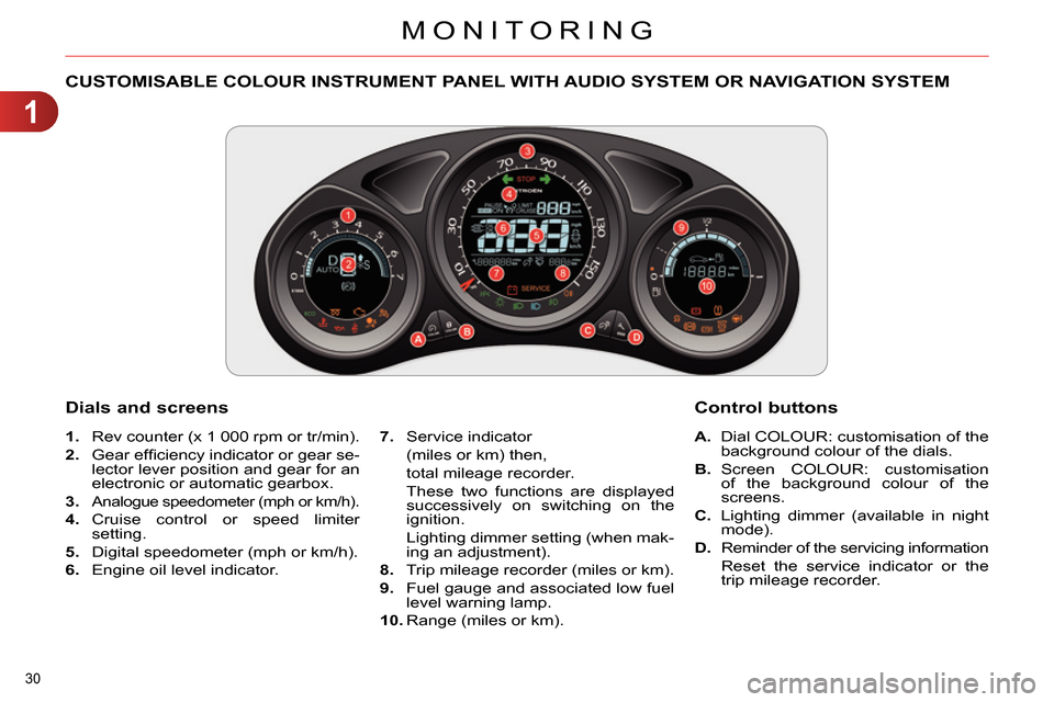 Citroen C4 RHD 2013.5 2.G Owners Manual 1
MONITORING
30 
   
 
 
 
 
 
 
 
 
 
 
 
CUSTOMISABLE COLOUR INSTRUMENT PANEL WITH AUDIO SYSTEM OR NAVIGATION SYSTEM 
 
 
 
1. 
  Rev counter (x 1 000 rpm or tr/min). 
   
2. 
 Gear efﬁ ciency ind