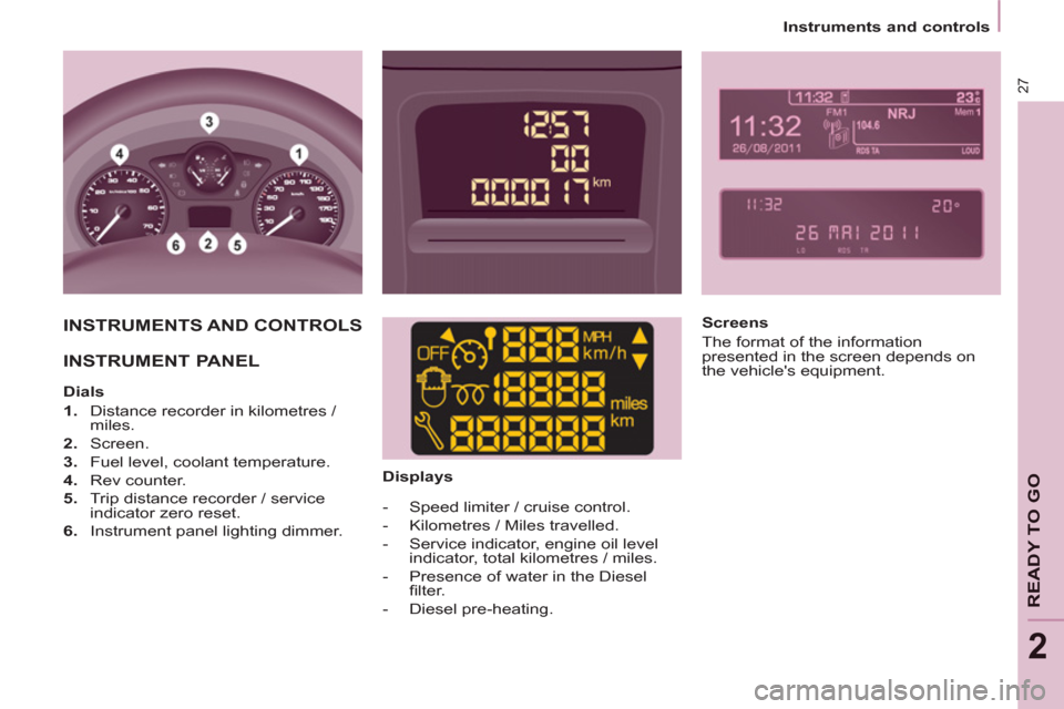 Citroen BERLINGO 2013 2.G Owners Manual 2
   
 
Instruments and controls  
 
27
READY TO GO
 
INSTRUMENTS AND CONTROLS  
  INSTRUMENT PANEL  
 
 
 
Dials 
   
 
1. 
  Distance recorder in kilometres / 
miles. 
   
2. 
 Screen. 
   
3. 
  Fu
