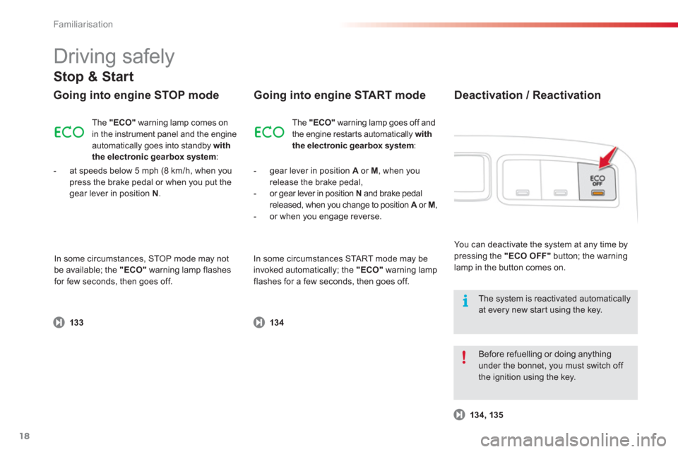 Citroen C3 PICASSO 2013 1.G Owners Manual Familiarisation
18
  Driving safely 
Going into engine STOP mode 
 
 
 
-  gear lever in position A 
 or  M, when you 
release the brake pedal,
   
-  or 
gear lever in position N 
 and brake pedal
re