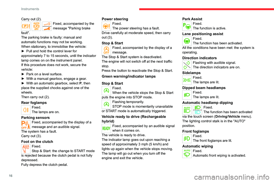 CITROEN C5 AIRCROSS 2022  Handbook (in English) 16
Instruments
Carry out (2).Fixed, accompanied by the 
message "Parking brake 
fault".
The parking brake is faulty: manual and 
automatic functions may not be working.
When stationary, to imm