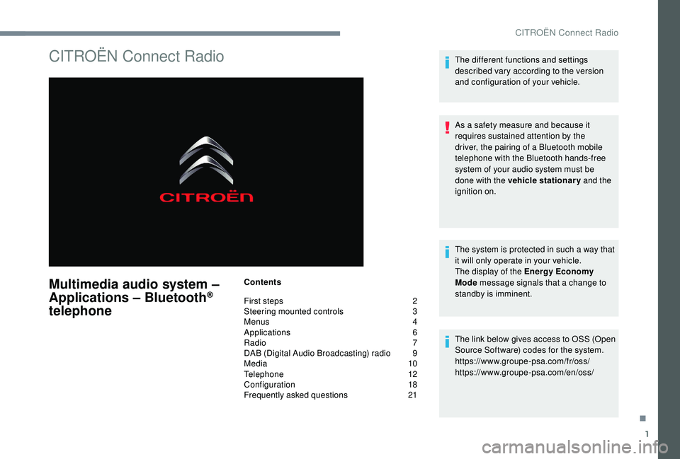 CITROEN C-ELYSÉE 2022  Handbook (in English) 1
CITROËN Connect Radio
Multimedia audio system – 
Applications – Bluetooth® 
telephone
Contents
First steps 
 
2
S

teering mounted controls   
3
M

enus   
4
A

pplications   
6
R

adio   
7
D