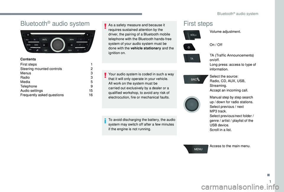 CITROEN C-ELYSÉE 2022  Handbook (in English) 1
VOL+
TA
Bluetooth® audio system
Contents
First steps  
1
S

teering mounted controls   
2
M

enus   
3
R

adio   
3
M

edia   
5
T

elephone   
9
A

udio settings   
1
 5
Frequently asked questions