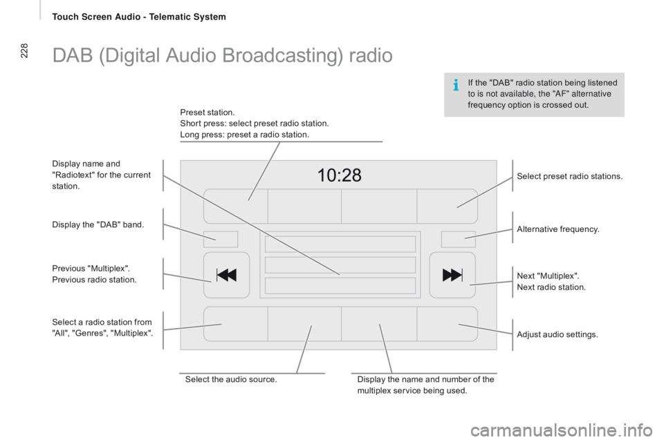CITROEN RELAY 2017  Handbook (in English) 228
If the "DAB" radio station being listened 
to is not available, the "AF" alternative 
frequency option is crossed out.
DAB (Digital Audio Broadcasting) radio
Select the audio sourc