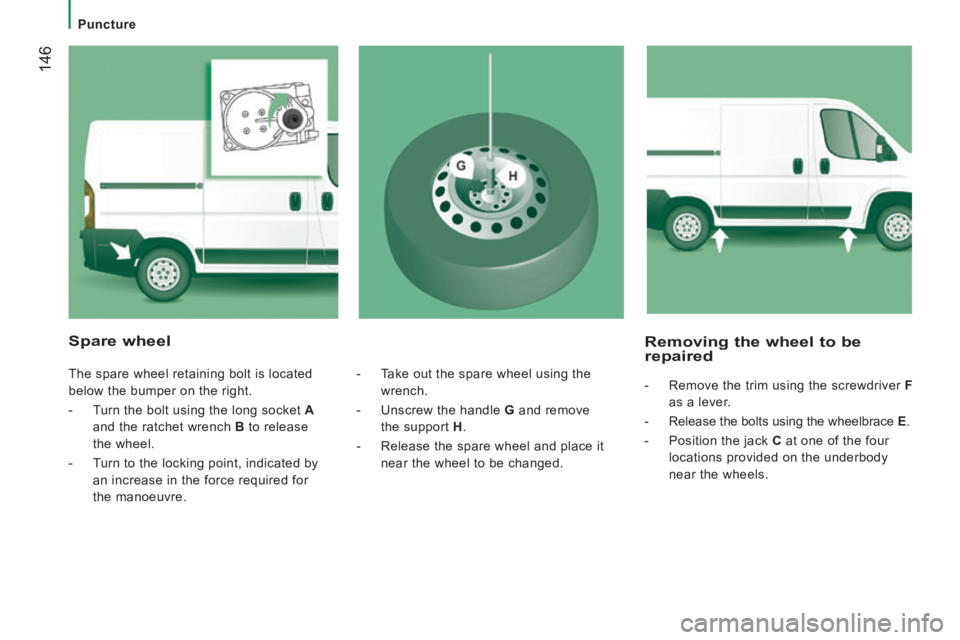 CITROEN RELAY 2015  Handbook (in English)  146
   Puncture   
  Removing the wheel to be repaired 
   -   Remove the trim using the screwdriver  F  
as a lever. 
  -   Release the bolts using the wheelbrace   E . 
  -   Position  the  jack   