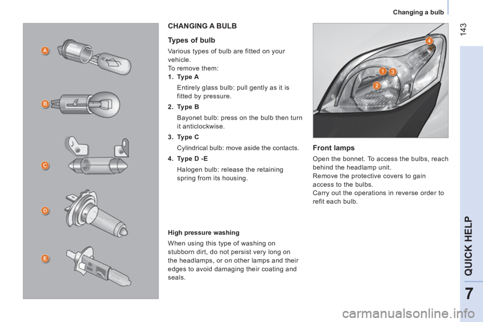 CITROEN NEMO 2013  Handbook (in English)  143
7
QUICK HELP
 
 
 
Changing a bulb  
 
 
 
Front lamps 
 
Open the bonnet. To access the bulbs, reach 
behind the headlamp unit. 
  Remove the protective covers to gain 
access to the bulbs. 
  C