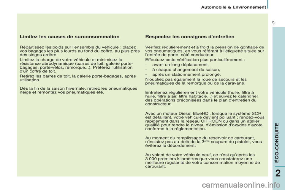 CITROEN BERLINGO MULTISPACE 2015  Notices Demploi (in French) 17
Limitez les causes de surconsommation
Répartissez les poids sur l'ensemble du véhicule ; placez 
vos bagages les plus lourds au fond du coffre, au plus près 
des sièges arrière.
l
imitez l