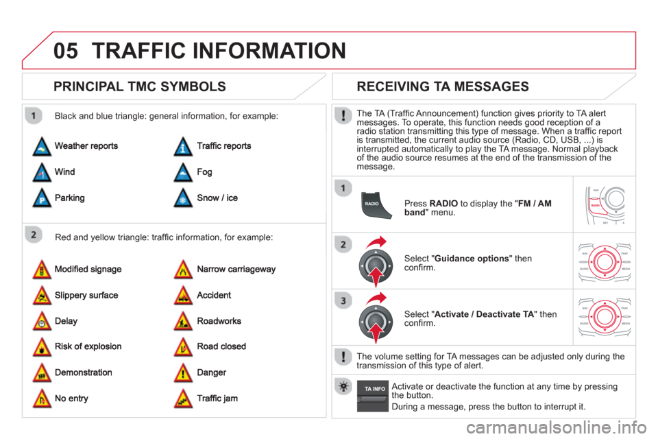 Citroen DS5 2013 1.G Owners Manual 05TRAFFIC INFORMATION
   
 
 
 
 
 
PRINCIPAL TMC SYMBOLS 
 
 
Red and yellow triangle: trafﬁ c information, for example:     
Black and blue trian
gle: general information, for example: 
 
 
 
 
 
