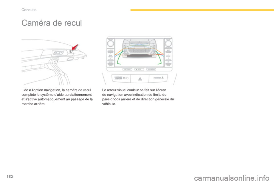 CITROEN C4 AIRCROSS 2014  Notices Demploi (in French) 132
Conduite
   
 
 
 
 
Caméra de recul 
Liée à l’option navigation, la caméra de reculcomplète le système d’aide au stationnement et s’active automatiquement au passage de la marche arri