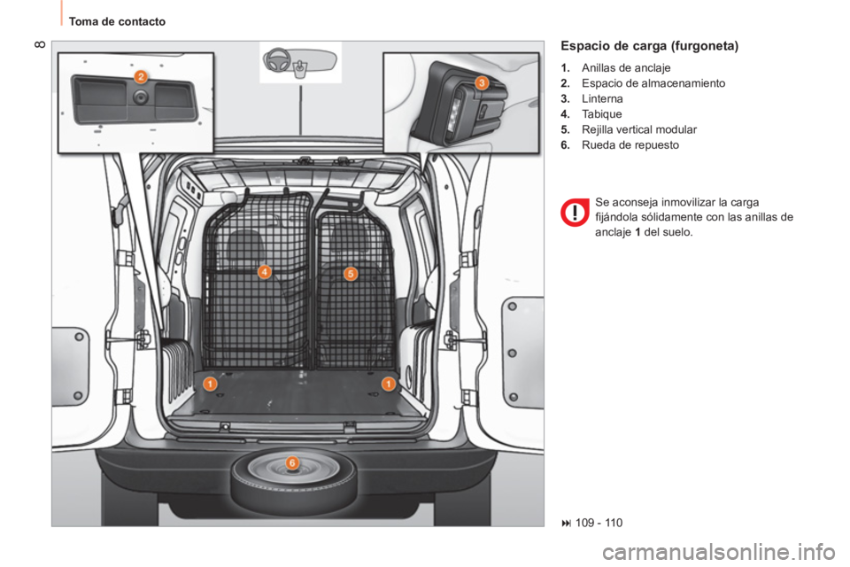 CITROEN NEMO 2014  Manuales de Empleo (in Spanish)  8
 
Toma de contacto 
 
Espacio de carga (furgoneta) 
 
 
 
1. 
  Anillas de anclaje 
   
2. 
  Espacio de almacenamiento 
   
3. 
 Linterna 
   
4. 
 Tabique 
   
5. 
  Rejilla vertical modular 
   