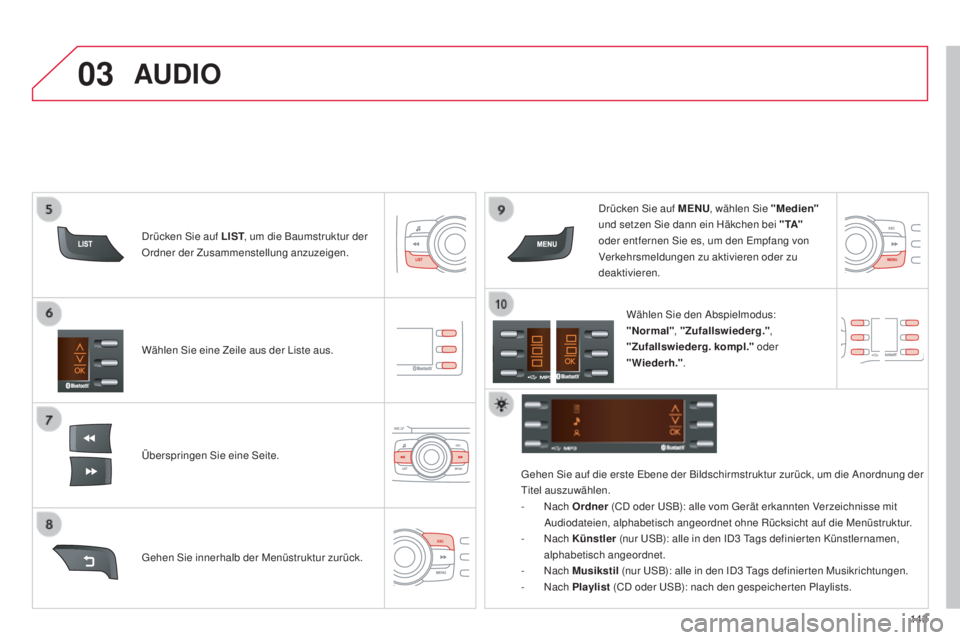 CITROEN C-ZERO 2016  Betriebsanleitungen (in German) 03
143
C-zero_de_Chap11b_Rde2_ed01-2014
Wählen sie eine Zeile aus der  li ste aus.
Überspringen  s
i
 e eine  s
e
 ite.
dr
 ücken  s
i
 e auf MENU
, wählen  s
i
 e "Medien"
 
und setzen  s