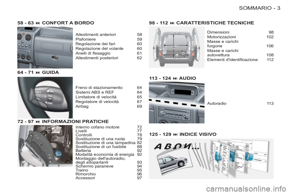 CITROEN BERLINGO FIRST 2011  Libretti Di Uso E manutenzione (in Italian) 3SOMMARIO-
113 - 124 � AUDIO
Autoradio 113
125 - 129 � INDICE VISIVO 58 - 63 � CONFORT A BORDO
Allestimenti anteriori  58
Plafoniere 59
Regolazione dei fari  60
Regolazione del volante  60
Anelli d