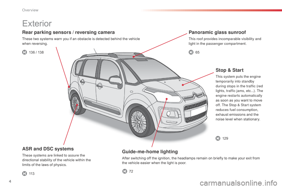 Citroen C3 PICASSO RHD 2014 1.G Owners Manual 4
Guide-me-home lighting
After switching off the ignition, the headlamps remain on briefly to make your exit from 
the vehicle easier when the light is poor.
ASR and DSC systems
These systems are link