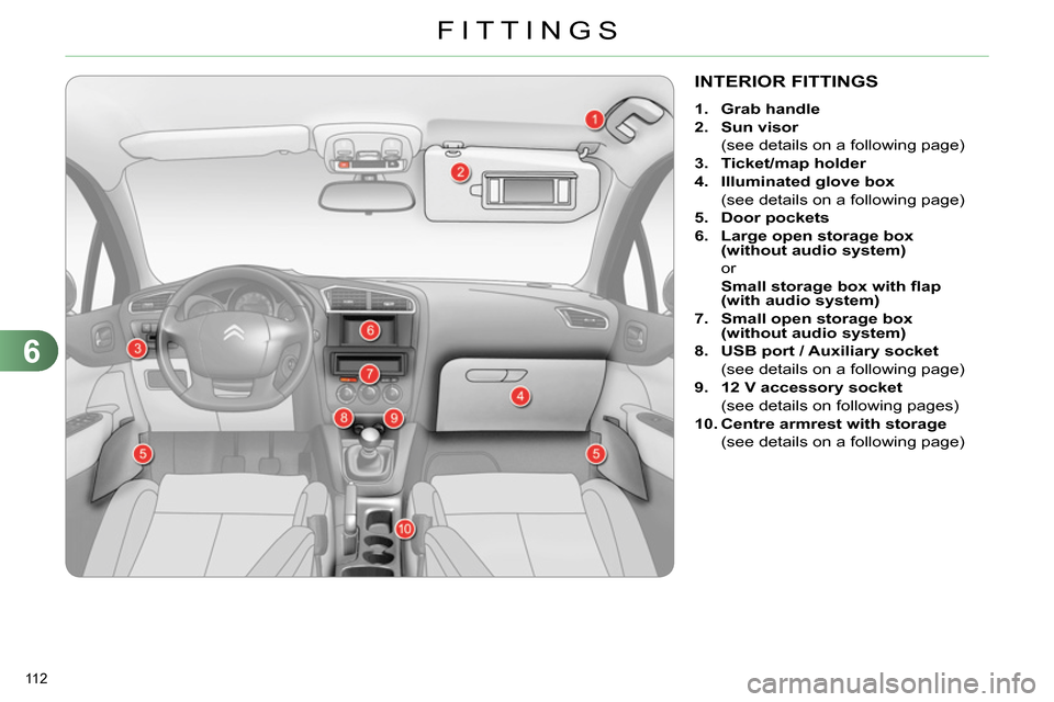 Citroen C4 2014 2.G Owners Manual 6
FITTINGS
112 
   
 
 
 
 
 
 
 
 
 
 
 
 
 
 
 
 
INTERIOR FITTINGS 
 
 
 
1. 
  Grab handle 
 
   
2. 
  Sun visor 
   
  (see details on a following page) 
   
3. 
  Ticket/map holder 
 
   
4. 
 