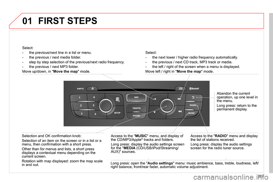 Citroen C4 2014 2.G Owners Manual 01
237    
Select: 
   
 
-   the next lower / higher radio frequency automatically. 
   
-   the previous / next CD track, MP3 track or media. 
   
-   the left / right of the screen when a menu is d