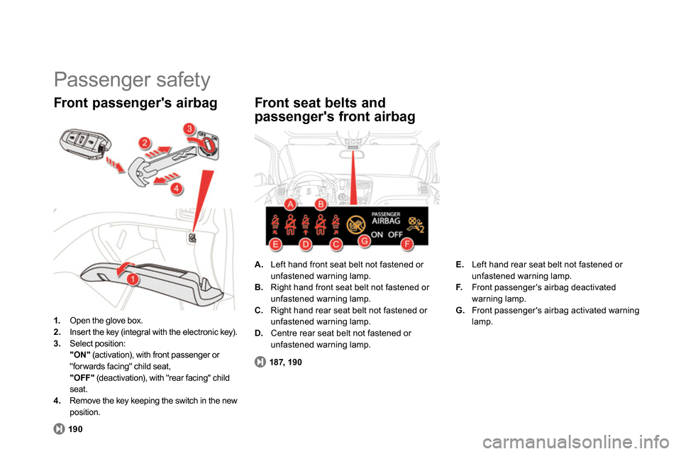 Citroen DS5 2014 1.G Owners Manual 190187, 190    
 
A. 
  Left hand front seat belt not fastened or 
unfastened warning lamp. 
   
B. 
  Right hand front seat belt not fastened or 
unfastened warning lamp. 
   
C. 
  Right hand rear s