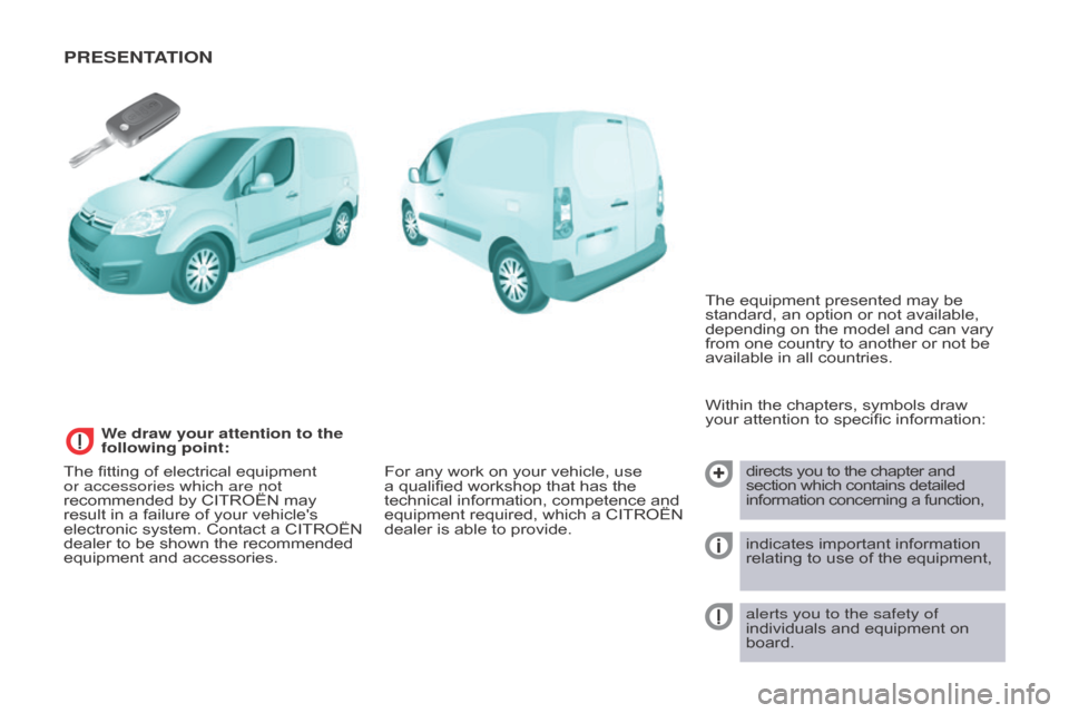 Citroen BERLINGO 2015 2.G Owners Manual PRESEnTATIOn
Within the chapters, symbols draw 
your attention to specific information:directs you to the chapter and 
section which contains detailed 
information concerning a function,
indicates imp