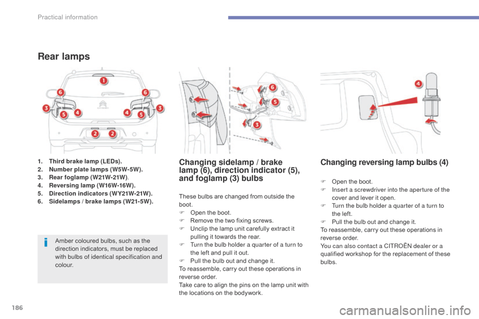 Citroen C4 AIRCROSS 2015 1.G Owners Manual 186
C4-Aircross_en_Chap07_info-pratiques_ed01-2014
1. Third brake lamp (LEDs).
2. Number plate lamps (W5W-5W).
3.
 R

ear foglamp ( W21W-21W ) .
4.
 R

eversing lamp ( W16W-16W ).
5.
 D

irection indi