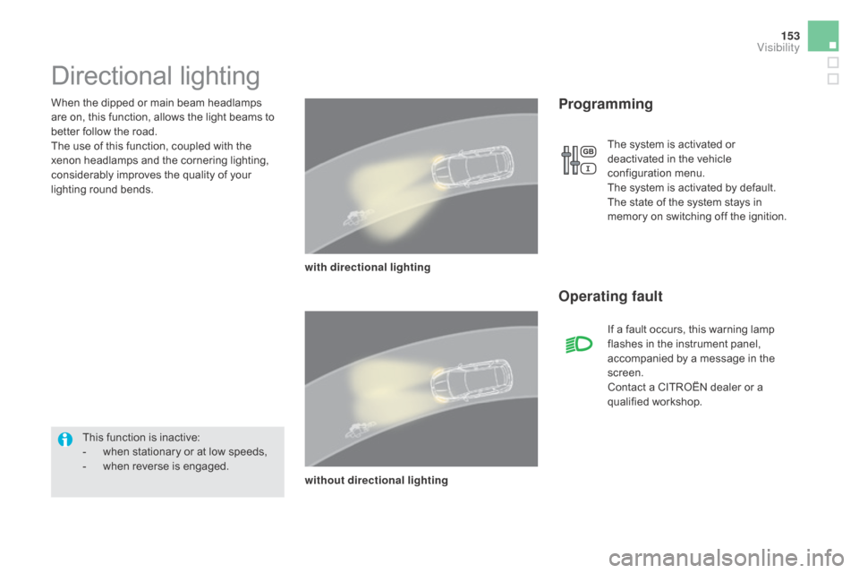 Citroen DS5 RHD 2015 1.G Owners Manual 153
When the dipped or main beam headlamps 
are on, this function, allows the light beams to 
better follow the road.
The use of this function, coupled with the 
xenon headlamps and the cornering ligh