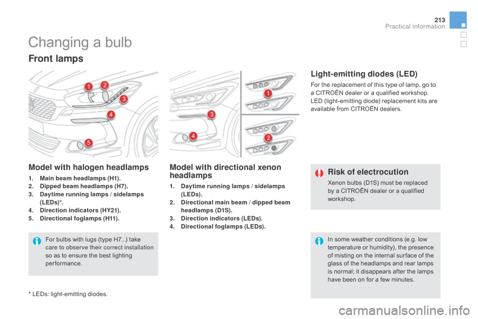Citroen DS5 RHD 2015 1.G Owners Manual 213
Changing a bulb
Front lamps
Model with directional xenon 
headlamps
1. daytime running lamps / sidelamps 
(LEds ).
2.
  di

rectional  main beam / dipped  beam 
headlamps  (
d1S

).
3.
  di

recti