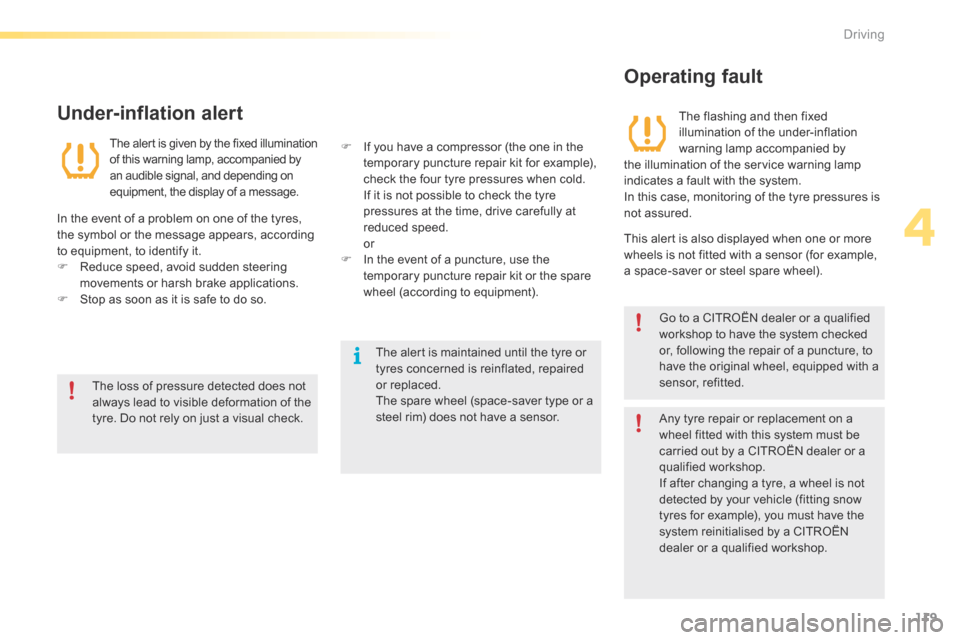 Citroen C5 2016 (RD/TD) / 2.G Owners Manual 119
C5_en_Chap04_conduite_ed01-2015
The loss of pressure detected does not 
always lead to visible deformation of the 
tyre. Do not rely on just a visual check.The alert is maintained until the tyre o