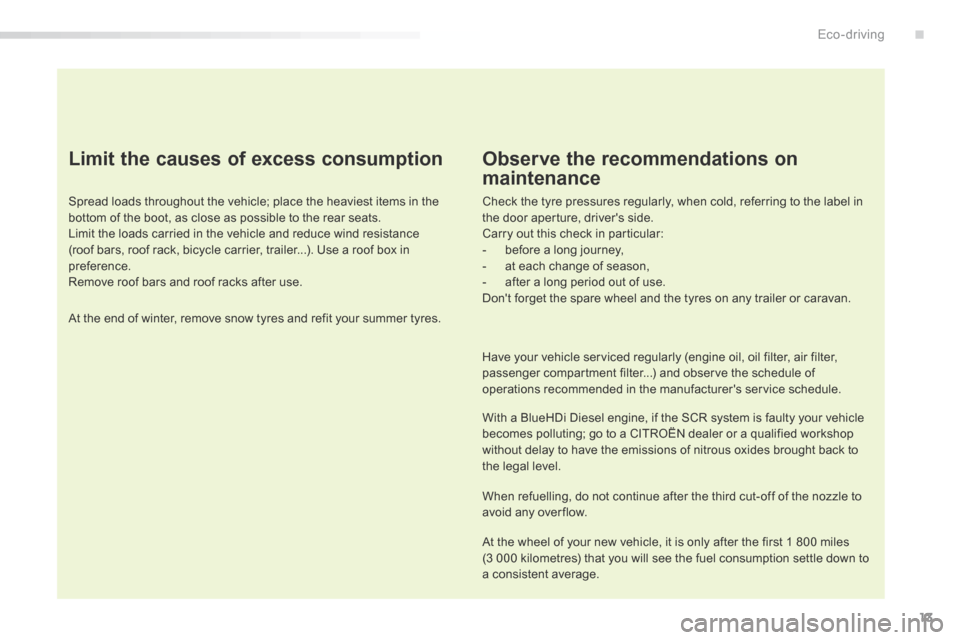 Citroen C5 2016 (RD/TD) / 2.G Owners Manual 13
C5_en_Chap00c_eco-conduite_ed01-2015
Limit the causes of excess consumption
Spread loads throughout the vehicle; place the heaviest items in the 
bottom of the boot, as close as possible to the rea