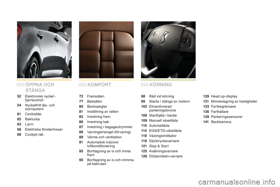 CITROEN DS5 2015  InstruktionsbÖcker (in Swedish) 002003004
DS5_sv_Chap00a_sommaire_ed01-2015
KoMFoRT
ÖPPNA 
ocH 
S
TÄ N
gA K

ÖRNINg
72 Framsäten
77
 B

aksäten
80
 B

ackspeglar
81
 I

nställning av ratten
82
 I

nredning fram
86
 I

nredning