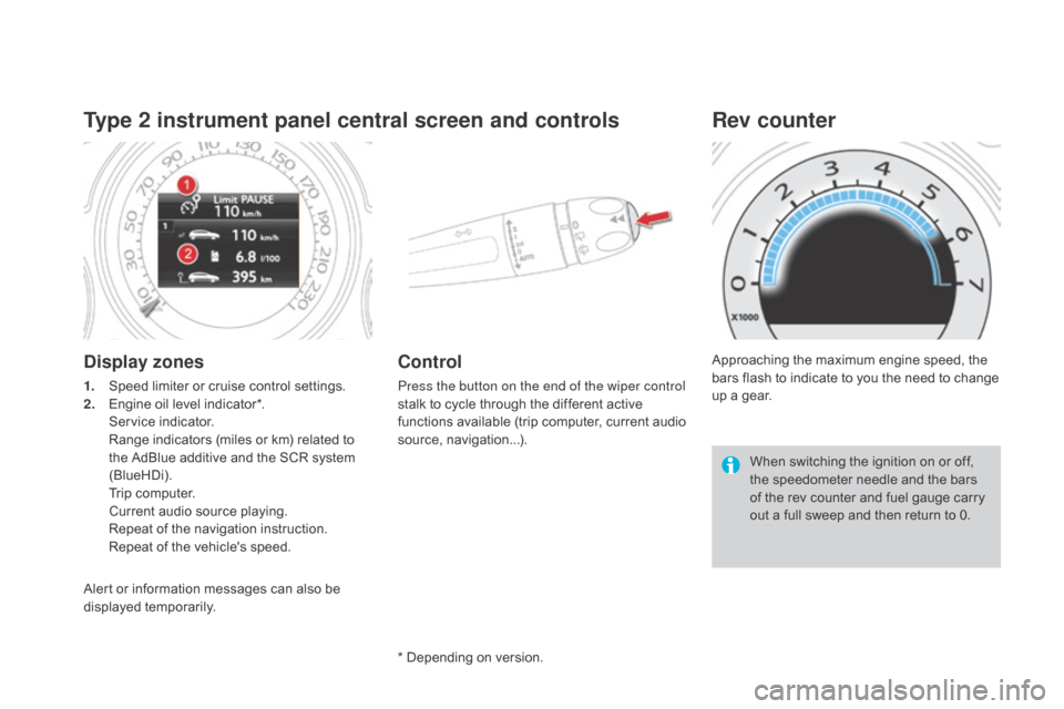 Citroen DS4 2016 1.G Owners Manual DS4_en_Chap01_controle-de-marche_ed03-2015
Type 2 instrument panel central screen and controls
display zones
1. Speed limiter or cruise control settings.
2. Engine oil level indicator*.
 S

ervice ind