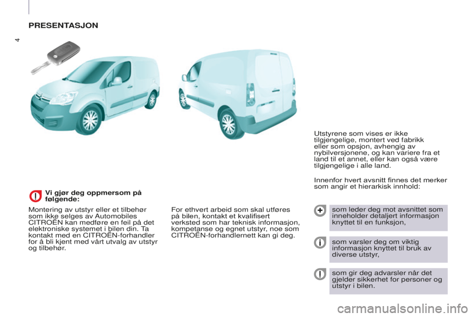 CITROEN BERLINGO ELECTRIC 2017  InstruksjonsbØker (in Norwegian) 4
berlingo-2-Vu_no_Chap01_vue ensemble_ed01-2015
PRESENTASJON
Innenfor hvert avsnitt finnes det merker 
som angir et hierarkisk innhold:som leder deg mot avsnittet som 
inneholder detaljert informasjo