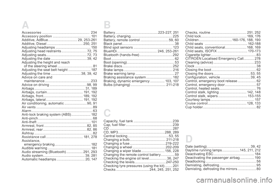 Citroen DS5 RHD 2016 1.G Owners Manual A
Accessories .................................................  234
Accessory position ....................................... 10
1
Additive, AdBlue
 .............................. 2

9, 253 -261
Add