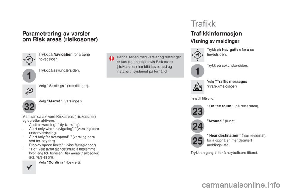 CITROEN DS3 2017  InstruksjonsbØker (in Norwegian) 11
23
24
25
32
DS3_no_Chap11c_SMEGplus_ed02-2015
Parametrering av varsler 
om Risk areas (risikosoner)
Trykk på navigation for å åpne 
hovedsiden.
Trykk på sekundærsiden.
Velg " Settings  