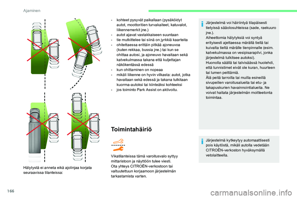 CITROEN C5 AIRCROSS 2020  Omistajan Käsikirjat (in Finnish) 166
Toimintahäiriö
Järjestelmä voi häiriintyä tilapäisesti 
tietyissä sääolosuhteissa (sade, raekuuro 
j n e .) .
Aiheettomia hälytyksiä voi syntyä 
erityisesti ajettaessa märällä tiel