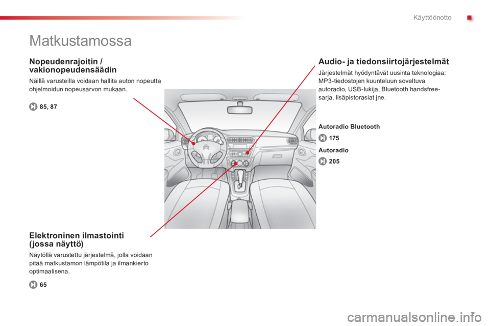 CITROEN C-ELYSÉE 2014  Omistajan Käsikirjat (in Finnish) .
7
Käyttöönotto
  Matkustamossa  
 
 Elektroninen ilmastointi (jossa näyttö) 
 Näytöllä varustettu järjestelmä, jolla voidaanpitää matkustamon lämpötila ja ilmankier to
optimaalisena. 
