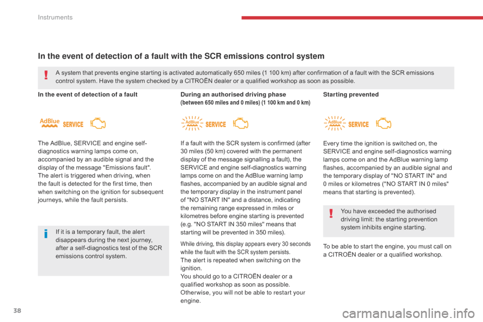 Citroen C3 2017 2.G Owners Manual 38
In the event of detection of a fault with the SCR emissions control system
In the event of detection of a faultDuring an authorised driving phase (between 650 miles and 0 miles) (1 100 km and 0 km)