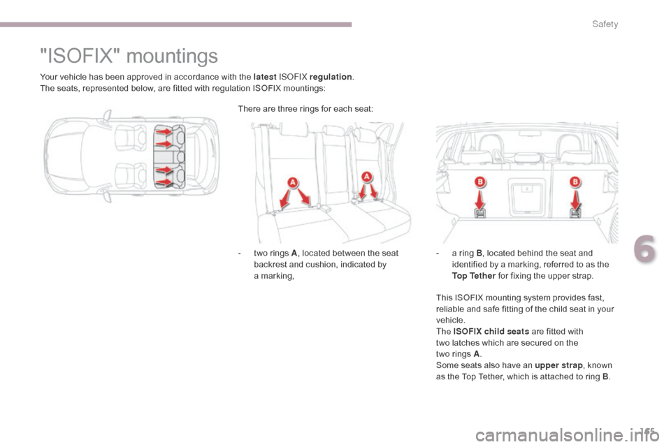 Citroen C4 AIRCROSS RHD 2017 1.G Owners Manual 165
"ISOFIX" mountings
Your vehicle has been approved in accordance with the latest ISOFIX regulation.
The seats, represented below, are fitted with regulation ISOFIX mountings:
-
 
t
 wo rings A, loc