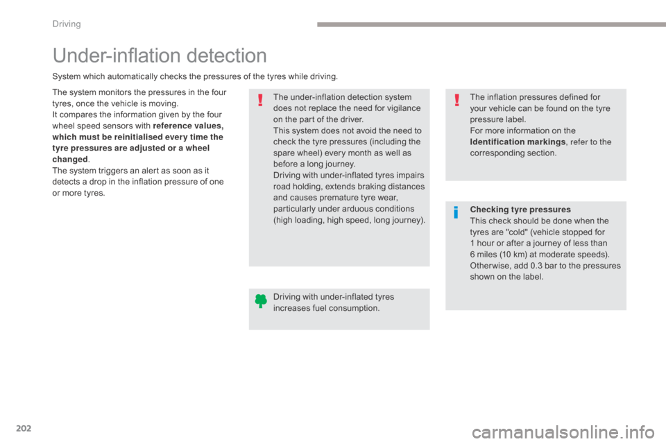 Citroen GRAND C4 PICASSO RHD 2017 2.G Owners Manual 202
Under-inflation detection
The system monitors the pressures in the four 
tyres, once the vehicle is moving.
It compares the information given by the four 
wheel speed sensors with reference values