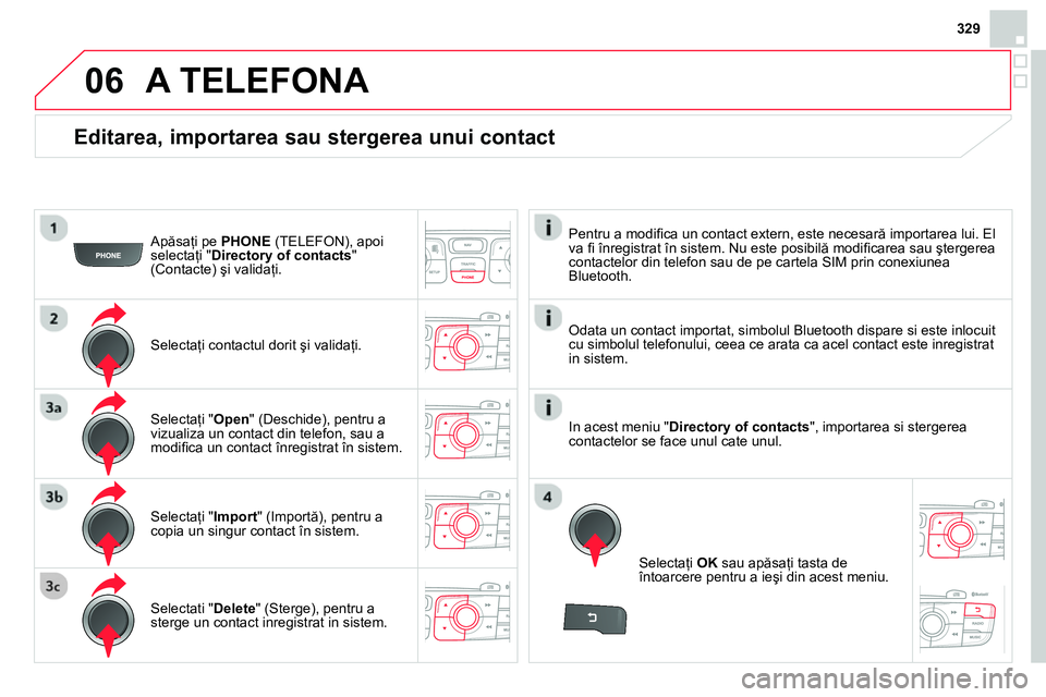 CITROEN DS4 2014  Ghiduri De Utilizare (in Romanian) 06
329
   
Editarea, importarea sau stergerea unui contact 
 
 
Apăsaţi pe  PHONE 
 (TELEFON), apoi 
selectaţi " Directory of contacts 
" 
(Contacte) şi validaţi.  
   
Selectaţi contactul dorit