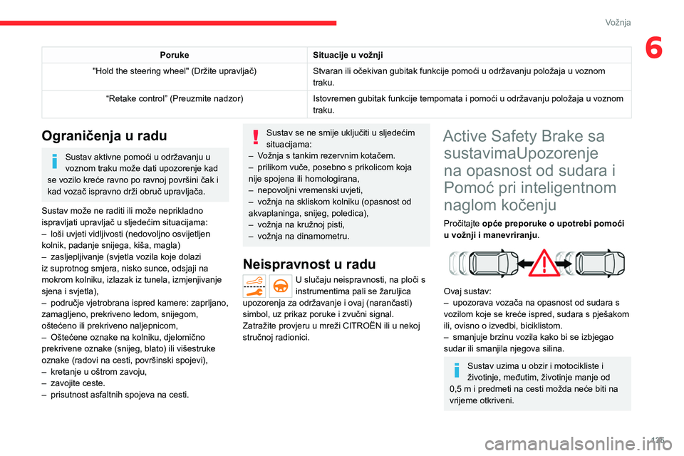CITROEN C5 AIRCROSS 2022  Upute Za Rukovanje (in Croatian) 135
Vožnja
6PorukeSituacije u vožnji
"Hold the steering wheel" (Držite upravljač) Stvaran ili očekivan gubitak funkcije pomoći u održavanju položaja u voznom 
traku.
“Retake control�