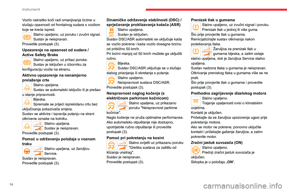 CITROEN C5 AIRCROSS 2022  Upute Za Rukovanje (in Croatian) 14
Instrumenti
Vozilo nakratko koči radi smanjivanja brzine u 
slučaju opasnosti od frontalnog sudara s vozilom 
koje se kreće ispred.
Stalno upaljeno, uz poruku i zvučni signal.
Sustav je neispra
