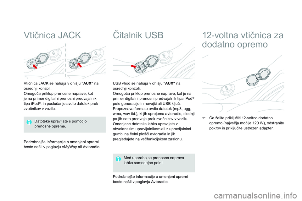 CITROEN DS3 CABRIO 2015  Navodila Za Uporabo (in Slovenian) DS3_sl_Chap05_amenagement_ed01-2014
Vtičnica JACK
Vtičnica JACK se nahaja v ohišju "aUX " na 
osrednji konzoli.
Omogoča priklop prenosne naprave, kot 
je na primer digitalni prenosni predv