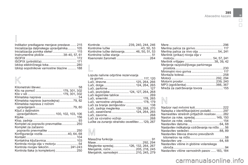 CITROEN DS4 2014  Navodila Za Uporabo (in Slovenian) 395Abecedno kazalo
Indikator predlagane menjave prestave ....... 215
Inicializacija daljinskega upravljalnika .......... 105
Inicializacija pomika stekel ........................... 115
Instrumentne p