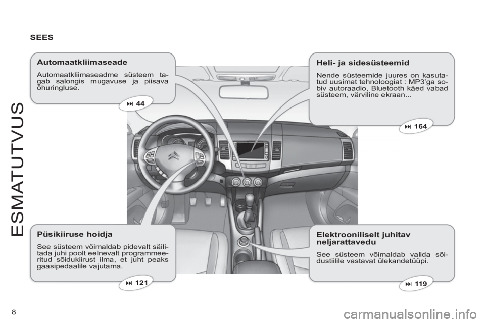 CITROEN C-CROSSER 2012  Kasutusjuhend (in Estonian) 8
E
S
MAT
U
TV
US
SEES
   Automaatkliimaseade
 Automaatkliimaseadme süsteem ta-gab salongis mugavuse ja piisavaõhuringluse. 
 
 
Püsikiiruse hoidja
 See süsteem võimaldab pidevalt säili-tada juh