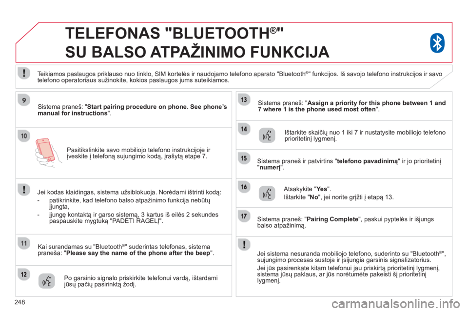 CITROEN C4 AIRCROSS 2014  Eksploatavimo vadovas (in Lithuanian) 248
   
Pasitikslinkite savo mobiliojo telefono instrukcijoje ir 
įveskite į telefoną sujungimo kodą, įrašytą etape 7.  
 
 
 
 
 
TELEFONAS "BLUETOOTH®" 
SU BALSO ATPAŽINIMO FUNKCIJA 
   
Si