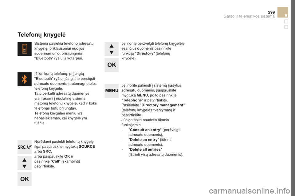 CITROEN DS5 HYBRID 2016  Eksploatavimo vadovas (in Lithuanian) 299
DS5_lt_Chap11d_RD5_ed02-2015
Jei norite pakeisti į sistemą įrašytus 
adresatų duomenis, paspauskite 
mygtuką MENU, po to pasirinkite  
" Telephone " ir patvirtinkite.
Pasirinkite 