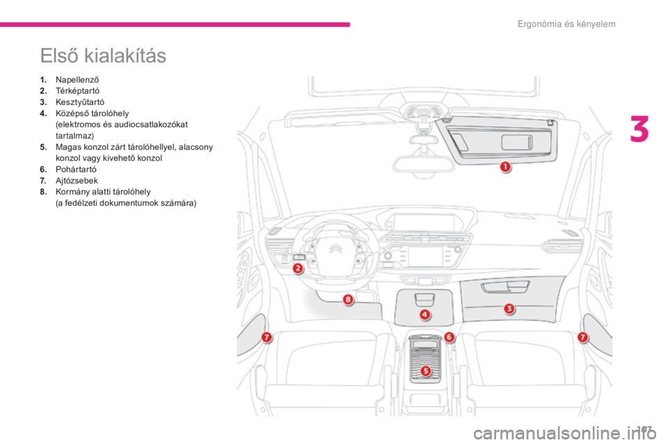 CITROEN C4 SPACETOURER 2018  Kezelési útmutató (in Hungarian) 107
C4-Picasso-II_hu_Chap03_ergonomie-confort_ed02-2016
Első kialakítás
1. Napellenző
2. Térképtartó
3.
 Ke

sztyűtar tó
4.
 K

özépső tárolóhely
 (

elektromos és audiocsatlakozókat 
