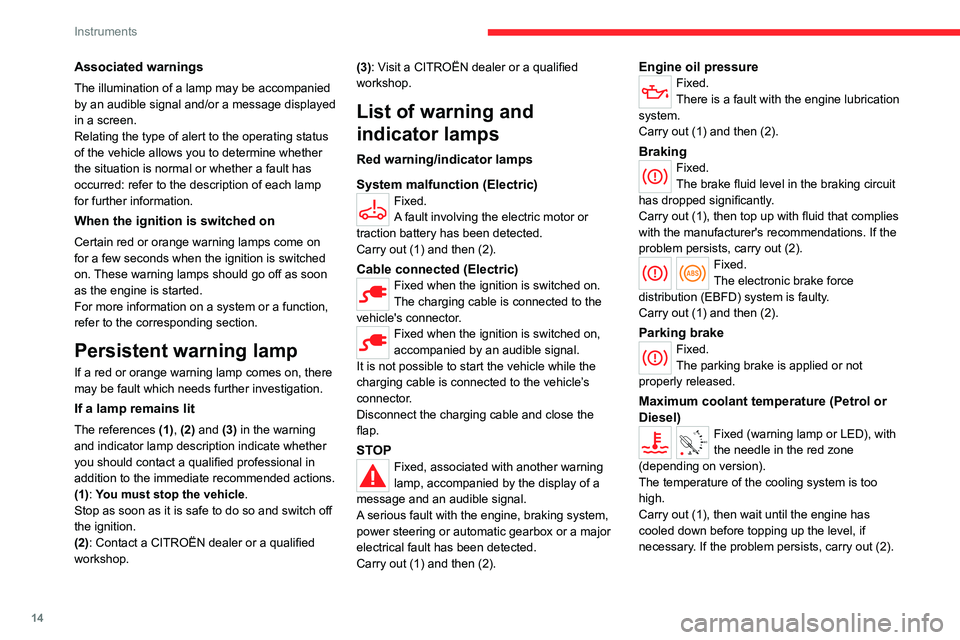 CITROEN BERLINGO VAN 2022  Owners Manual 14
Instruments
Associated warnings
The illumination of a lamp may be accompanied 
by an audible signal and/or a message displayed 
in a screen.
Relating the type of alert to the operating status 
of t