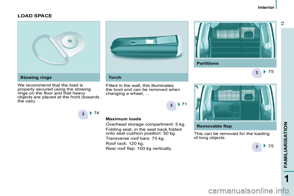 CITROEN BERLINGO VAN 2008  Owners Manual 3
3
3
3
�1�3
1
FAMILIARISATION
   Interior   
 LOAD SPACE  
� �W�e� �r�e�c�o�m�m�e�n�d� �t�h�a�t� �t�h�e� �l�o�a�d� �i�s�  
�p�r�o�p�e�r�l�y� �s�e�c�u�r�e�d� �u�s�i�n�g� �t�h�e� �s�t�o�w�i�n�g� 
�r�i�