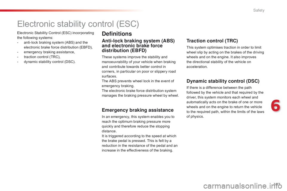 CITROEN C1 2017  Owners Manual 107
C1_en_Chap06_securite_ed01-2016
Electronic Stability Control (ESC) incorporating the   following   systems:
-
 
a
 nti-lock   braking   system   (ABS)   and   the  
e

lectronic   b