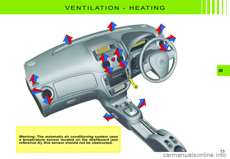 CITROEN C2 2009  Owners Manual A
III
73 
V E N T I L A T I O N   -   H E A T I N G
Warning: The automatic air conditioning system uses a  temperature  sensor  located  on  the  dashboard  (see reference A), this sensor should not b