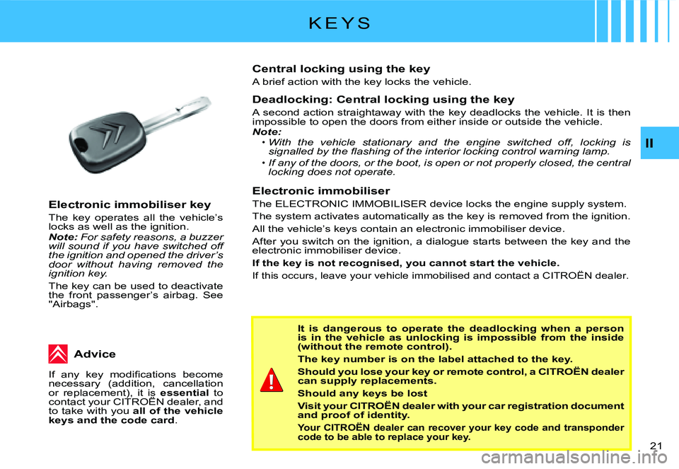 CITROEN C2 2003  Owners Manual II
�2�1� 
K E Y S
It  is  dangerous  to  operate  the  deadlocking  when  a  person is  in  the  vehicle  as  unlocking  is  impossible  from  the inside (without the remote control).
The key number i